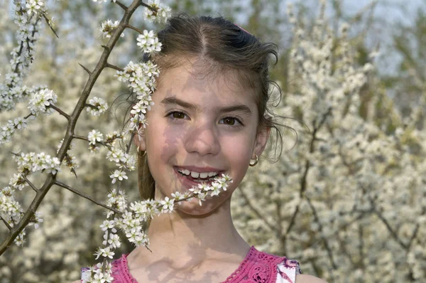 Dívka za bílé květy — Stock fotografie