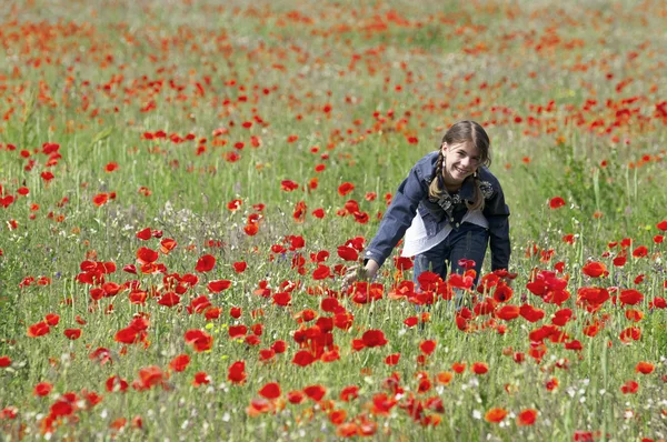 Ragazza con papaveri toccante — Foto Stock