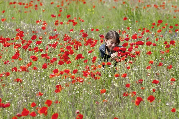 Ragazza con papaveri accovacciato & odore — Foto Stock