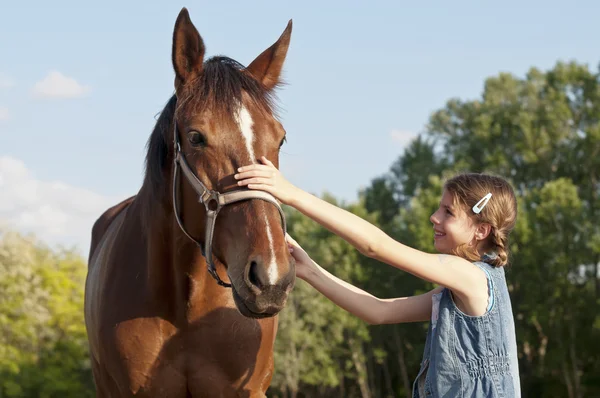 Cavallo in fattoria con ragazza vicino Foto Stock