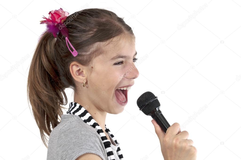 Girl singing on studio shot