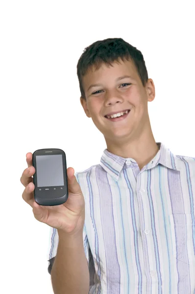 Boy menampilkan telepon seluler dengan tapak kliping — Stok Foto