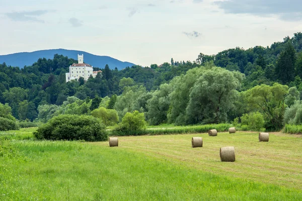 Trakoscan Burg Mit Bäumen Auf Dem Hügel Und Strohballen Vordergrund — Stockfoto