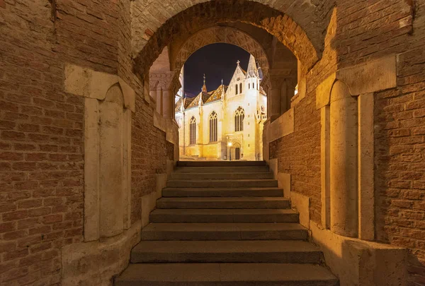 Illuminated Old Historical Open Jesuit Staircase Passage Fisherman Bastion Night — Stock Photo, Image