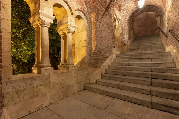 Illuminated Old Historical Open Jesuit Staircase Passage Fisherman Bastion Budapest — Stock Photo, Image