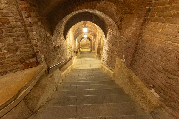 Illuminated Old Historical Open Jesuit Staircase Passage Fisherman Bastion Budapest — Stock Photo, Image