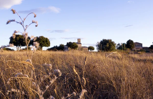 Por do sol no campo com uma capela — Fotografia de Stock