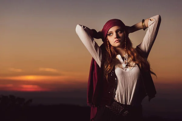 Outdoor Portrait Young Female Pirate Costume Sunset — Stock Photo, Image