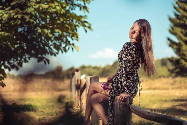Jovem Mulher Vestido Verão Sentado Cerca Madeira — Fotografia de Stock