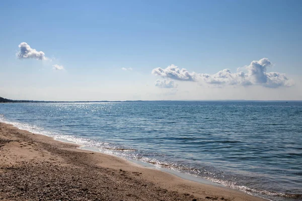 Empty Part Beach Greece Sand Sea Background — стоковое фото