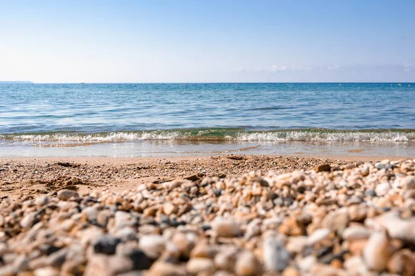 Empty Part Beach Greece Sand Pebbles Sea Background — стоковое фото
