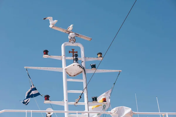 Common Sea Gulls Standing Boat Antenna Greece — Foto de Stock