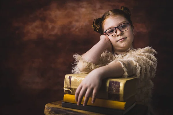 Portrait Little Red Hair Girl Leaning Books — 图库照片