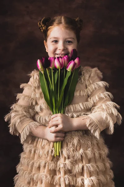 Portrait Little Red Hair Girl Holding Bunch Tulips —  Fotos de Stock