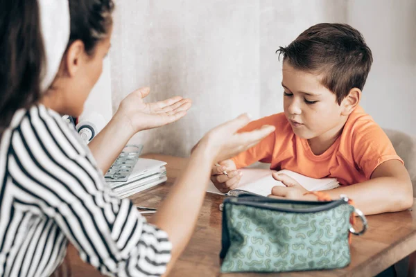 Little School Boy Doing Homework His Mom Helping Him Assignments — Stock Photo, Image