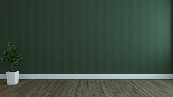 Habitación Vacía Con Pared Papel Pintado Verde Forrado Suelo Madera — Foto de Stock