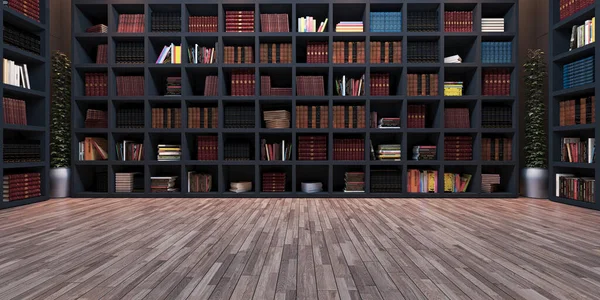 Modern Big Library Design Black Wooden Library Wooden Parquet Realistic — Stock Photo, Image