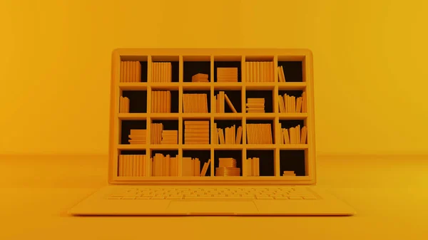 Bilgisayar Ekranı Konsepti Üzerindeki Kitaplık Temiz Sarı Arkaplan Görüntüleme — Stok fotoğraf