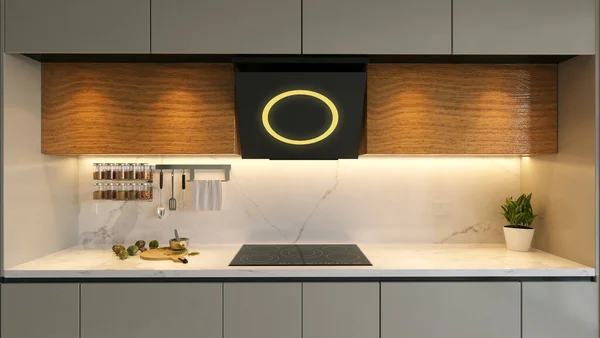现代岛屿厨房风格的木器和漆器厨房柜设计3D渲染 — 图库照片