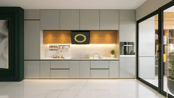 Modern Island Kitchen Style Wood Lacquer Kitchen Cabinet Design Green Stock Photo