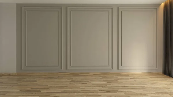 Leerer Raum Mit Modernen Klassischen Wandpaneelen Kissen Und Holzboden Rendering Stockfoto