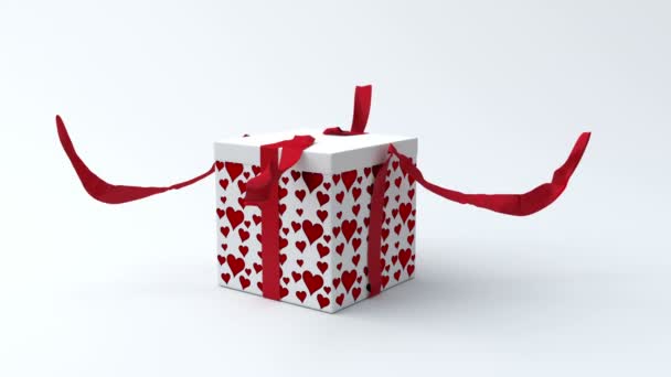 Caja de regalo blanca con corazones rojos abriendo — Vídeos de Stock