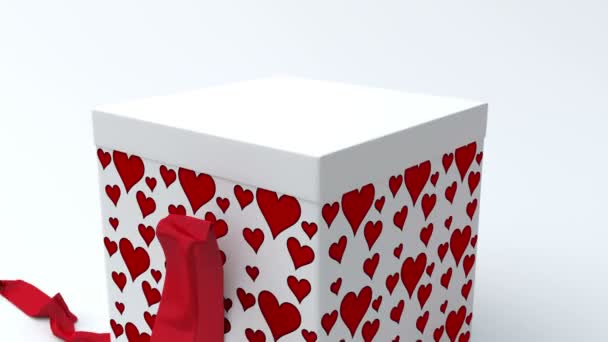 Witte geschenkdoos met rode harten openen — Stockvideo
