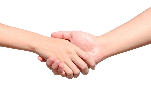 Partner hand between a man and a woman isolated on white — Stock Photo, Image