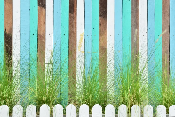 Ročník barevné zdi s krásné zelené trávy — Stock fotografie