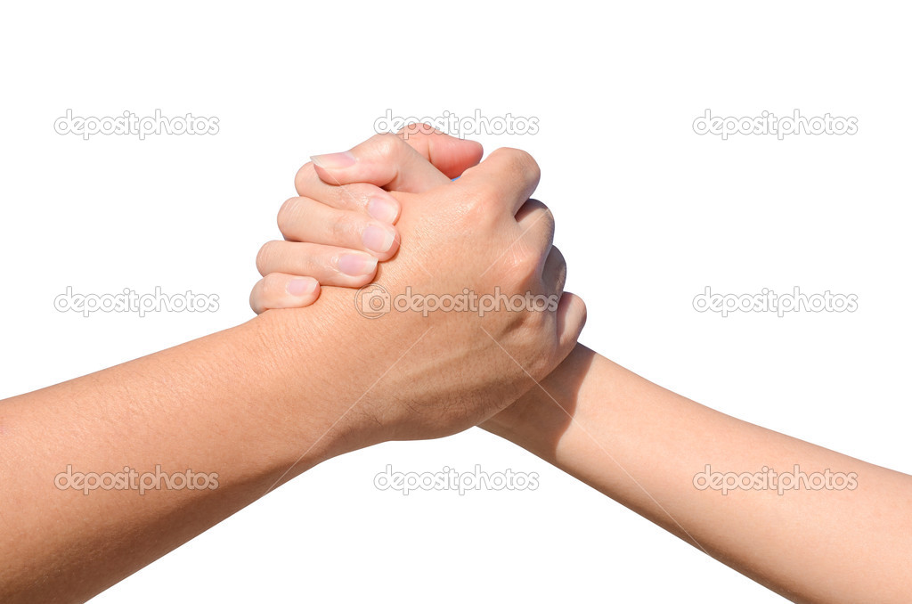 Partner hand between a man and a woman isolated