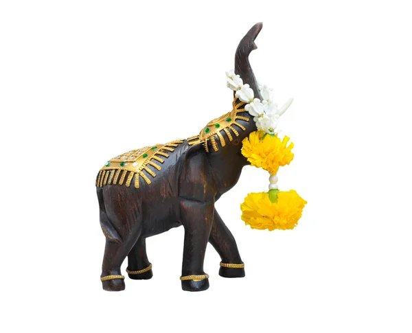 Wood elephant with Jasmine Thai Garland isolate on white — Stock Photo, Image