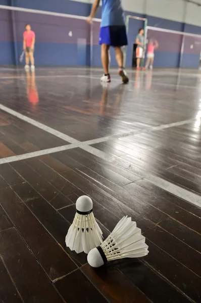 Badminton - dva opeřené v badmintonové kurty s přehrávačem — Stock fotografie