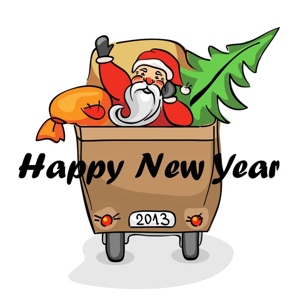 Santa Claus con un abeto y regalos va en el coche (vector ) — Vector de stock