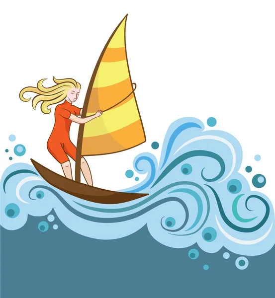 La ragazza su una nave a vela su un'onda (vettore ) — Vettoriale Stock