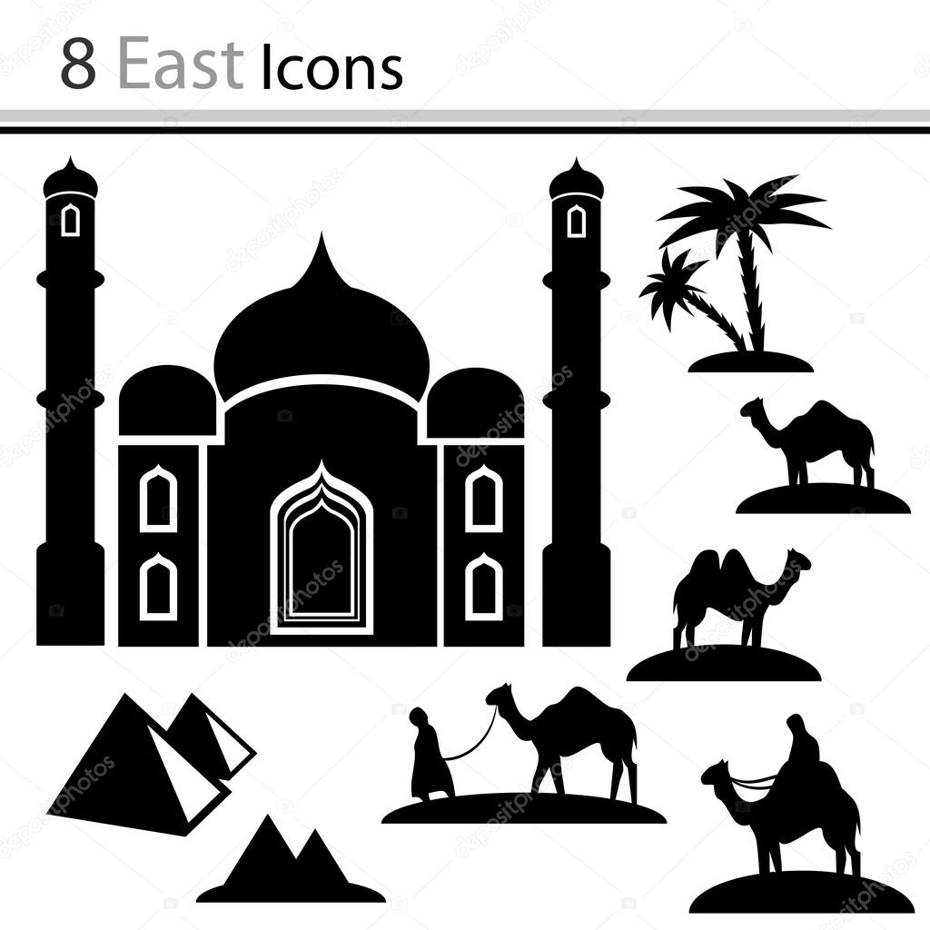Set of icons - camels, mosque, pyramids (vector)