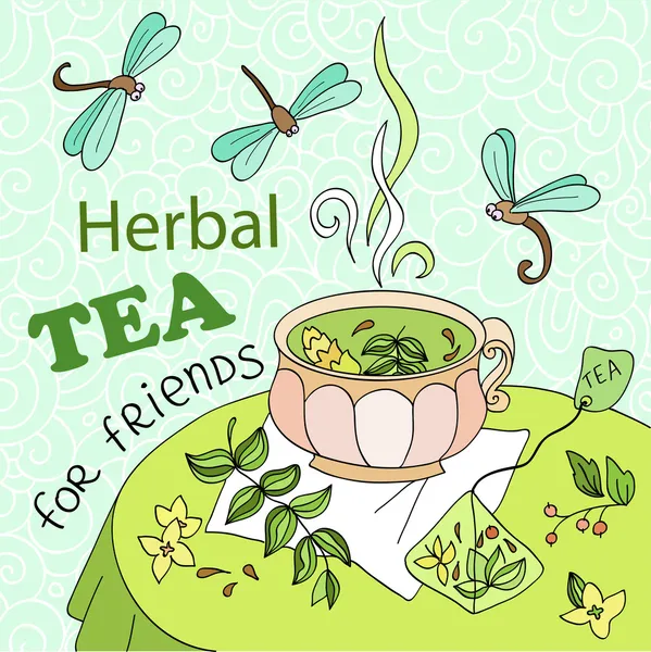 Xícara de chá de ervas com libélulas —  Vetores de Stock