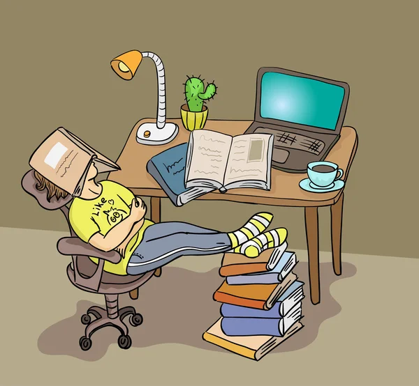 Öğrenci kitap odada altında uyur. — Stok Vektör