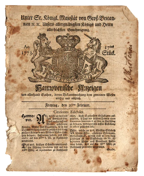 Alte britische Handelszeitung aus dem Jahr 1773 — Stockfoto