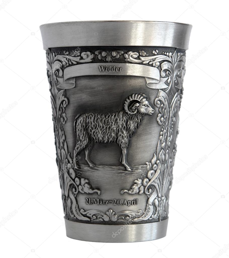 Silver cup with a picture of an Aries zodiac