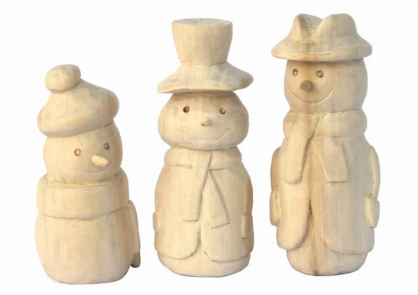 Carved Wooden Figurines Snowmen White Background — Stock Photo, Image