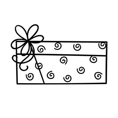 Kurdele ve fiyonk vektör illüstrasyonlu Noel hediyesi kutusu, Mutlu Noeller ve yeni yıl şenlikli geleneksel kış tatili dekoru, poster süsü, tebrik kartı, çıkartma.