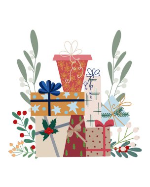 Noel bitkileri ve hediyeleri düzenleme vektör illüstrasyonu, kış tatili kart şablonu, bayram dönemi kutlama şablonu