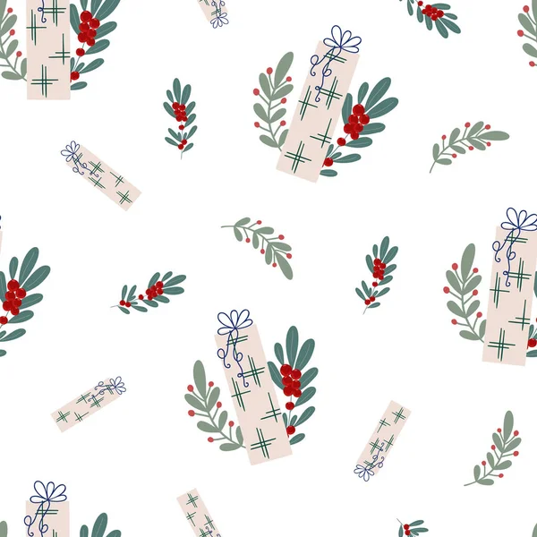 クリスマスの休日のシームレスなパターン、ベリー、ギフト、家の装飾、織物、ギフト紙のための漫画のフラットスタイルで白い背景ベクトルイラストの植物の枝 — ストックベクタ