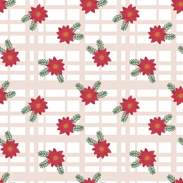 Patrón sin costura festivo de Navidad, flor de poinsettia roja, ramas de abeto en el abstracto comprobado vector de fondo ilustración en estilo plano de dibujos animados para la decoración del hogar, textil, papel de regalo — Archivo Imágenes Vectoriales