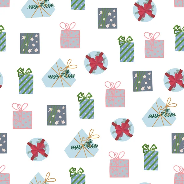 Karikatür düz stil ev dekorasyonu, tekstil, hediye kâğıdı gibi beyaz arka plan vektör ilüstrasyonunda süslü Noel hediyeleri. — Stok Vektör