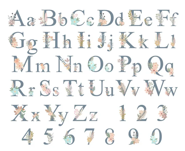 Букви Алфавіту Верхнього Регістру Нижнього Регістру Цифри Прикрашені Квітами Квітковими — стоковий вектор