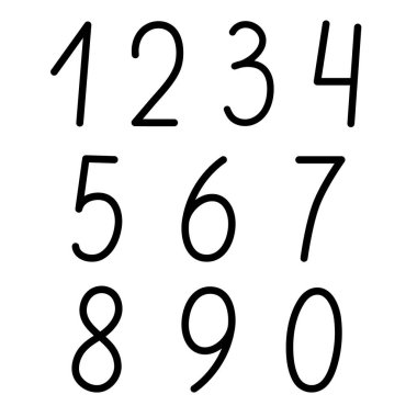 Küçük siyah sayılar karalama stili taslak vektör çizimi, bir, iki, üç, dört, beş, altı, yedi, sekiz, dokuz, sıfır kaligrafik rakam, sevimli komik dekoratif el yazısı, çizgili sanat harfleri