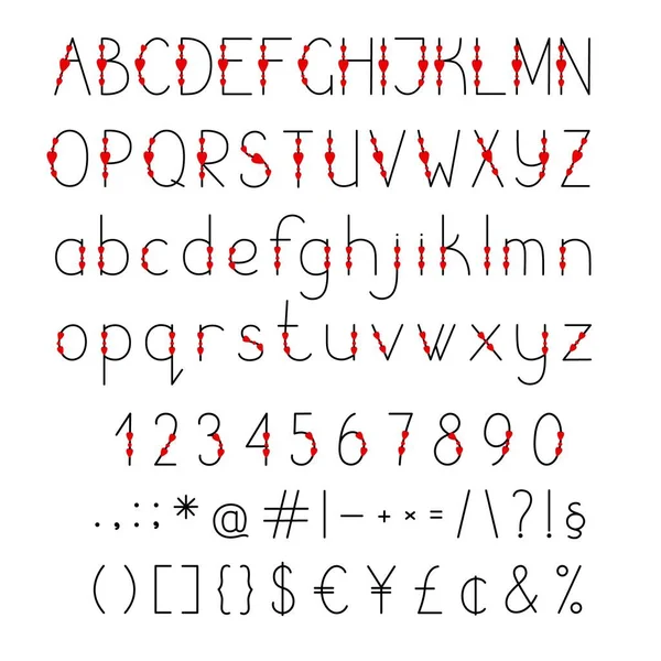 Γράμματα αγγλικού αλφαβήτου διακοσμημένα με καρδιές κεφαλαία και πεζά περίγραμμα διανυσματική απεικόνιση, καλλιγραφικό abc, χαριτωμένο αστείο διακοσμητικό γραφικό χαρακτήρα, χειρόγραφα γράμματα γραμματοσειράς, αριθμοί, σύμβολα — Διανυσματικό Αρχείο