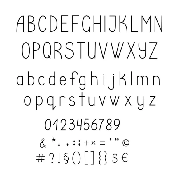 Γράμματα του αγγλικού αλφαβήτου κεφαλαία και πεζά στην εικονογράφηση διάνυσμα περίγραμμα doodle στυλ, καλλιγραφικά abc, χαριτωμένο αστείο διακοσμητικό γραφικό χαρακτήρα, χειρόγραφα γράμματα γραμματοσειράς, αριθμοί, σύμβολα — Διανυσματικό Αρχείο