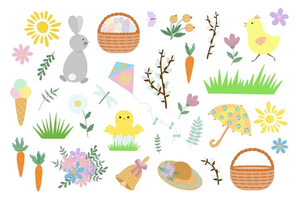 Pascua Primavera Elementos Vacaciones Vector Ilustración Animales Lindos Decoración Floral — Archivo Imágenes Vectoriales